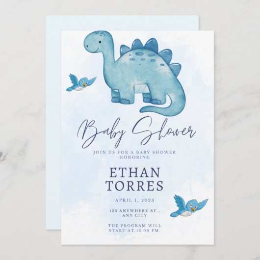 Blauw Elegant baby shower Uitnodiging Leuke Dinosa (Voorkant / Achterkant)