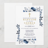 Blauw Elegant Bloem Botanische Moderne Doop Kaart (Voorkant / Achterkant)