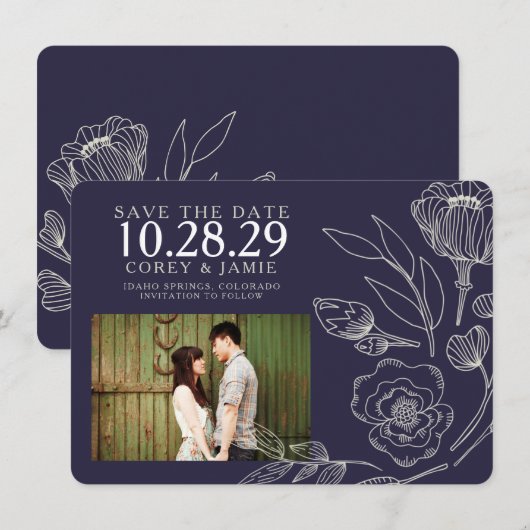 Blauw Elegant Bloem Bruiloft Save The Date (Voorkant / Achterkant)