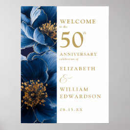 Blauw Elegant Bloemen 50e Jubileum Welkomstbord Poster
