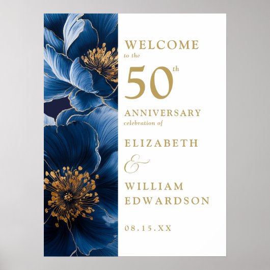 Blauw Elegant Bloemen 50e Jubileum Welkomstbord Poster (Voorkant)