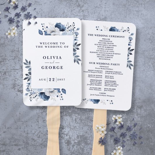 Blauw Elegant Bloemen Bruiloftsprogramma Handwaaier