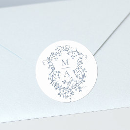 Blauw Elegant Bloemkam Monogrammen Ronde Sticker