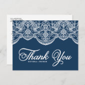 Blauw Elegant Botanisch Brokaat Kant Dank Je Briefkaart (Voorkant / Achterkant)