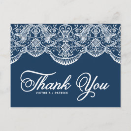 Blauw Elegant Botanisch Brokaat Kant Dank Je Briefkaart