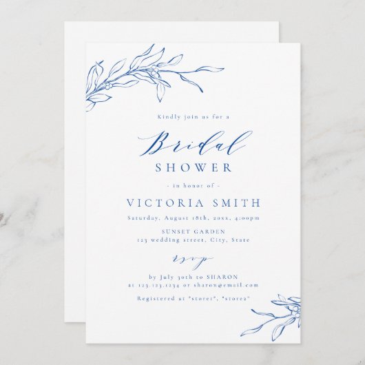 Blauw, elegant botanisch rustig vrijgezellenfeest kaart (Voorkant / Achterkant)