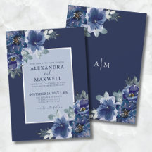 Blauw Elegant Botanische Waterverf Bloemenbruiloft