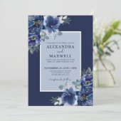 Blauw Elegant Botanische Waterverf Bloemenbruiloft Kaart (Staand voorkant)
