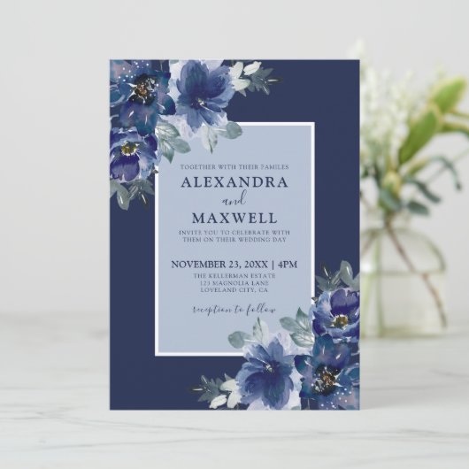 Blauw Elegant Botanische Waterverf Bloemenbruiloft Kaart (Staand voorkant)