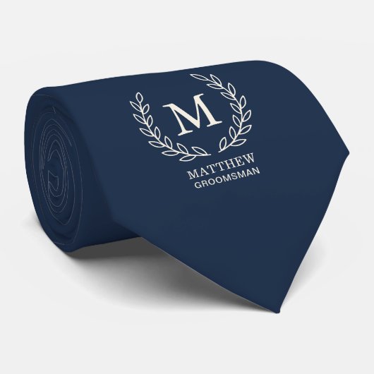 Blauw Elegant Bruidsjonker Monogram Huwelijk Stropdas (Opgerold)