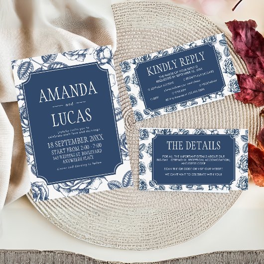 Blauw Elegant Chinoiserie bruiloft Kaart