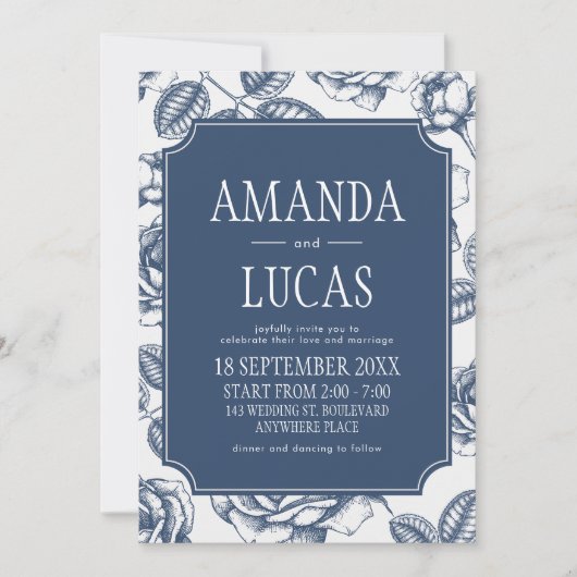 Blauw Elegant Chinoiserie bruiloft Kaart (Voorkant)