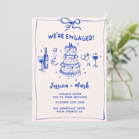 Blauw Elegant Cocktail Champagne Bruiloft Kaart (Staand voorkant)