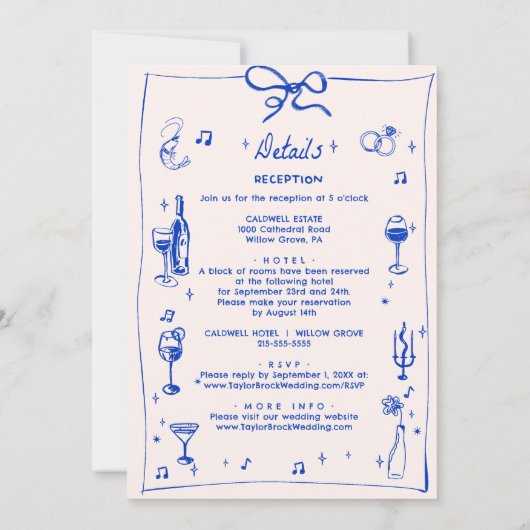 Blauw Elegant Cocktail Champagne Bruiloft Kaart (Achterkant)