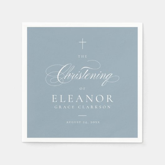 Blauw Elegant Cross Script Kalligrafie doopsel Servet (Voorkant)