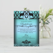 Blauw Elegant Damask Bachelorette Party Uitnodigin Kaart (Staand voorkant)