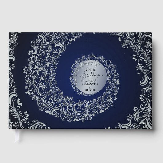 Blauw Elegant Damast Trouwboek Gastenboek (Voorkant)
