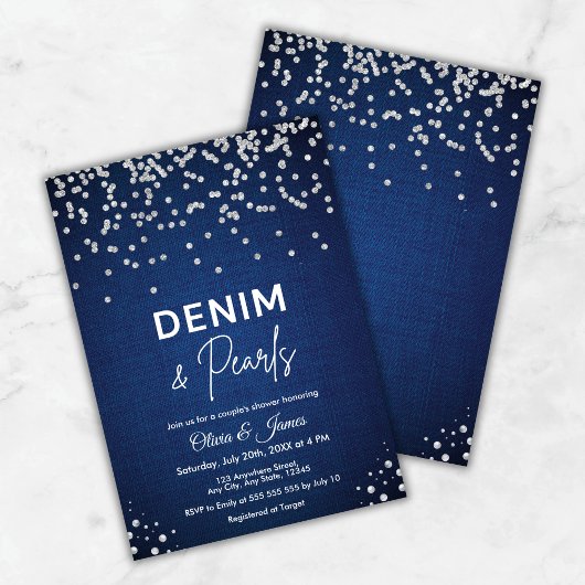Blauw Elegant Denim en Parels Couple's Shower Kaart