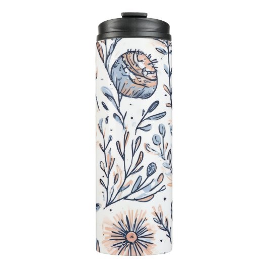 Blauw Elegant Esthetisch Bloemmotief Thermosbeker (Voorkant)