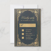 Blauw Elegant  Faux Gold Kalligrafie Bruiloft RSVP Kaartje (Voorkant)