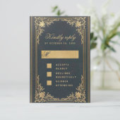 Blauw Elegant Faux Gold Kalligrafie Bruiloft RSVP Kaartje (Staand voorkant)