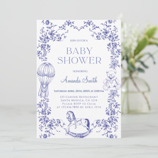 Blauw  Elegant Floral Baby shower Kaart (Staand voorkant)