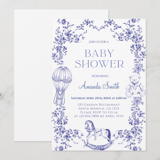 Blauw Elegant Floral Baby shower Kaart (Voorkant / Achterkant)