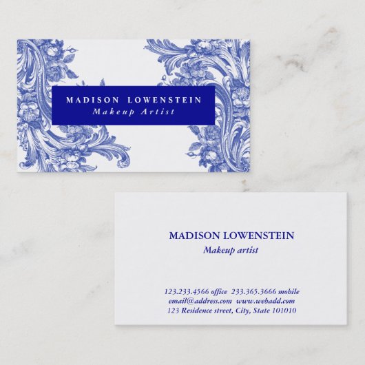  blauw Elegant Floral Flourish Pattern Visitekaartje (Voorkant / Achterkant)