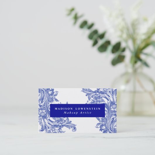  blauw Elegant Floral Flourish Pattern Visitekaartje (Staand voorkant)
