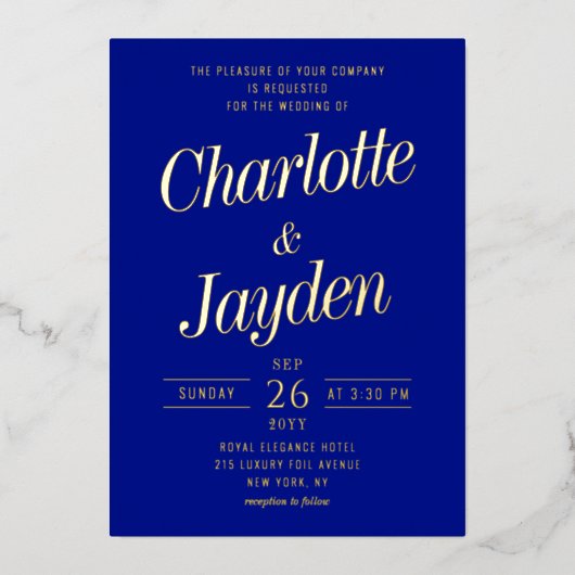 Blauw Elegant Folie Script Fotobruiloft Folie Uitnodiging (Voorkant)