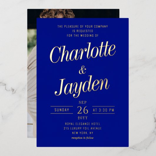 Blauw Elegant Folie Script Fotobruiloft Folie Uitnodiging (Voorkant / Achterkant)