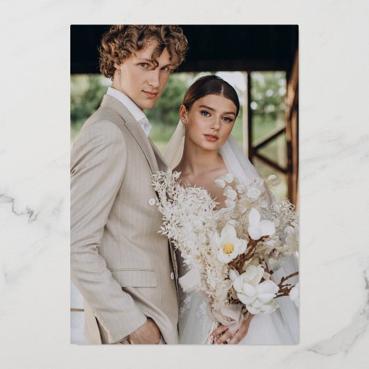 Blauw Elegant Folie Script Fotobruiloft Folie Uitnodiging (Achterkant)