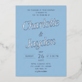 Blauw Elegant Folie Script Fotobruiloft Folie Uitnodiging (Voorkant)