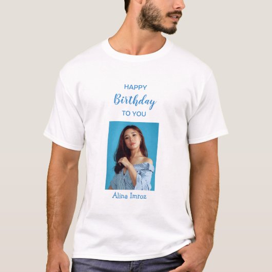 Blauw Elegant Gelukkig Verjaardagsfoto T-shirt (Voorkant)
