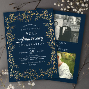 Blauw Elegant Gold Leaf Jubileum Foto Kaart