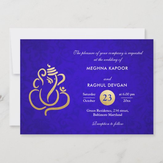 Blauw Elegant Gouden Folie Ganesha Indian Damask Kaart (Voorkant)