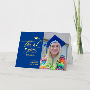 Blauw Elegant Gouden Script Afstudeer Dankjewel Folie Wenskaart