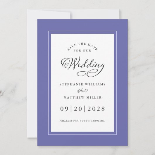 Blauw Elegant Huwelijk Chic Schrift Rand Save The Date (Voorkant)