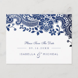 Blauw elegant kanten bruiloft bewaar de datum aankondigingskaart