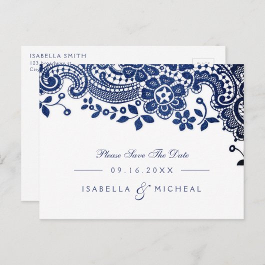 Blauw elegant kanten bruiloft bewaar de datum aankondigingskaart (Voorkant / Achterkant)