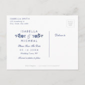 Blauw elegant kanten bruiloft bewaar de datum aankondigingskaart (Achterkant)