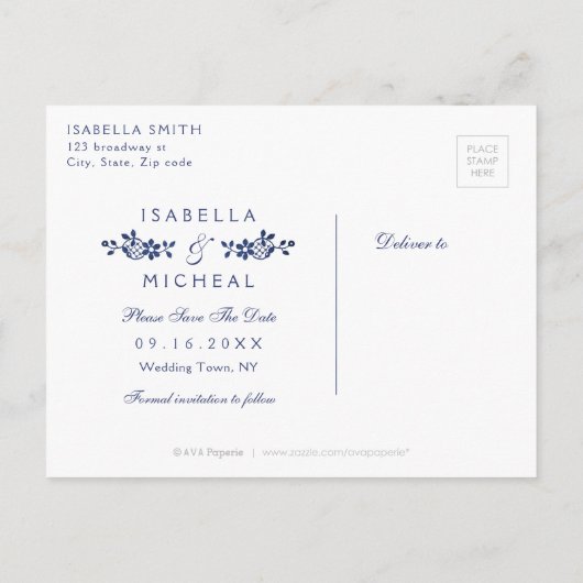 Blauw elegant  kanten bruiloft bewaar de datum aankondigingskaart (Achterkant)