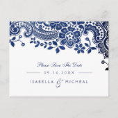 Blauw elegant  kanten bruiloft bewaar de datum aankondigingskaart (Voorkant)