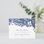 Blauw elegant kanten bruiloft bewaar de datum aankondigingskaart (Staand voorkant)