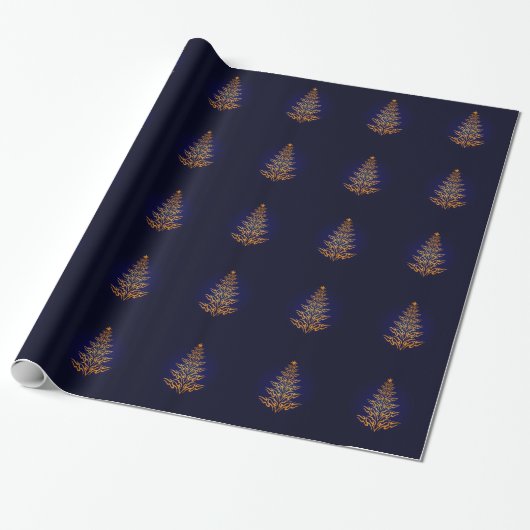 Blauw Elegant Kerstboom Wrapping Paper Cadeaupapier (Uitgerold)