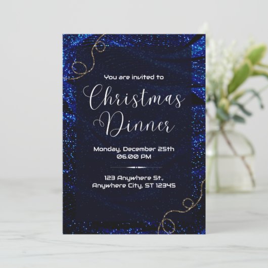 Blauw Elegant Kerstdiner uitnodiging (Staand voorkant)