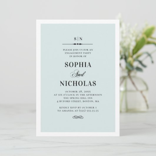 Blauw elegant klassiek formeel verlovingsfeest kaart (Staand voorkant)