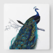  blauw Elegant kleurig Peacock Vierkante Klok (Voorkant)