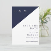 Blauw Elegant Minimalistisch Monogram Trouwfeest Save The Date (Staand voorkant)
