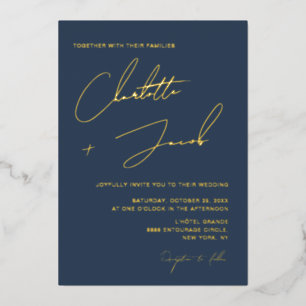 Blauw Elegant Minimalistisch Schrift Huwelijk Folie Uitnodiging